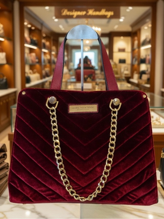 Marc New York Andrew Marc Handbags - Marc New York Burgundy Chevron Velvet Crossbody Shoulder Bag Gold Chains Accents